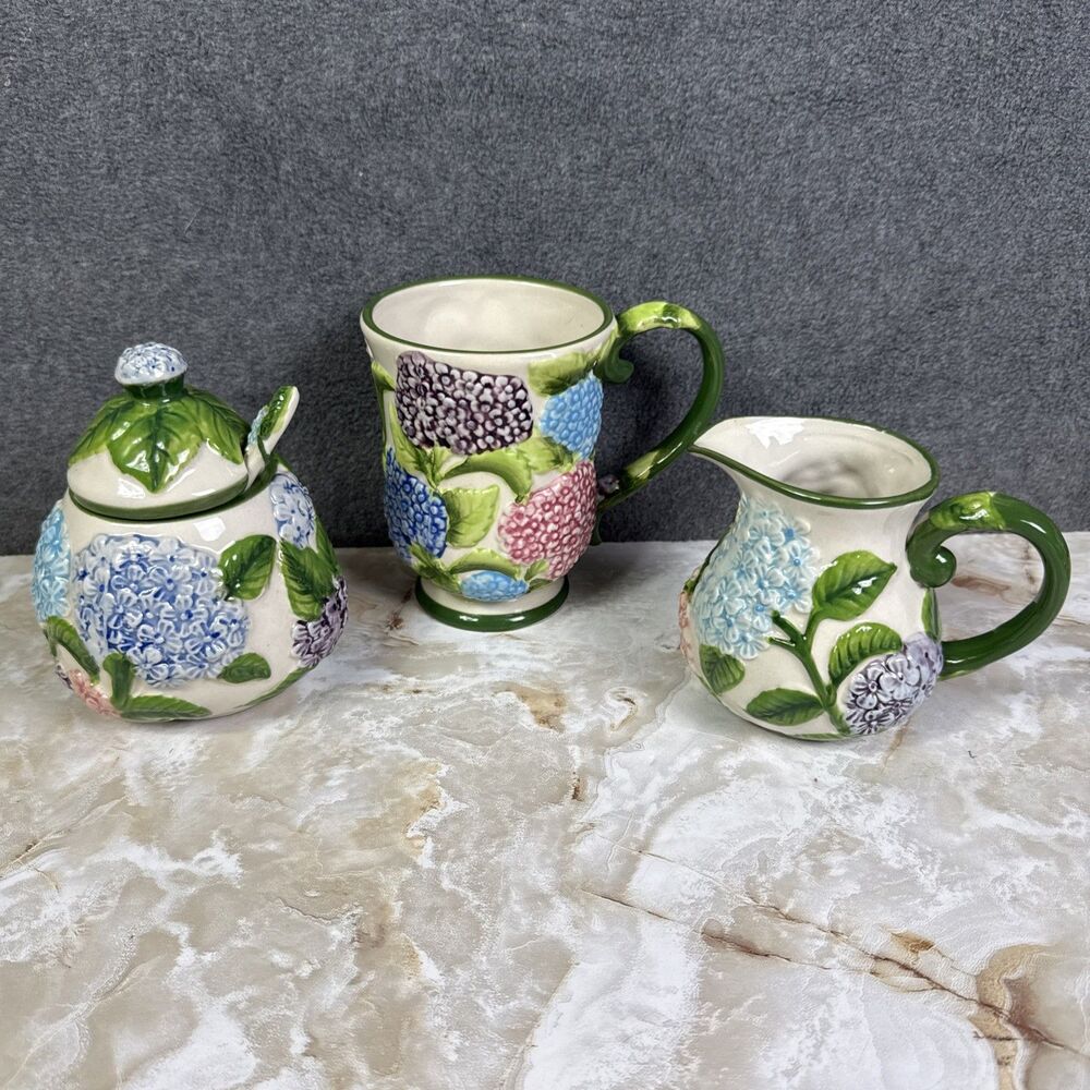 Temptations by Tara Figural Floral Hydrangea Tea Cup 12oz Sugar Bowl & Creamer